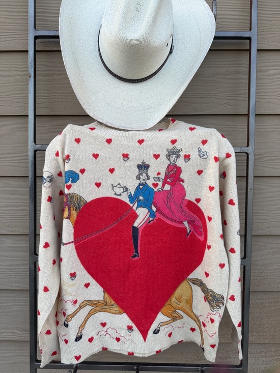 Source Unknown Sweaters - Art to Wear Whimsical Cream Sweater w/Red ❤️& ☕️ fun- Soft Unknown Brand